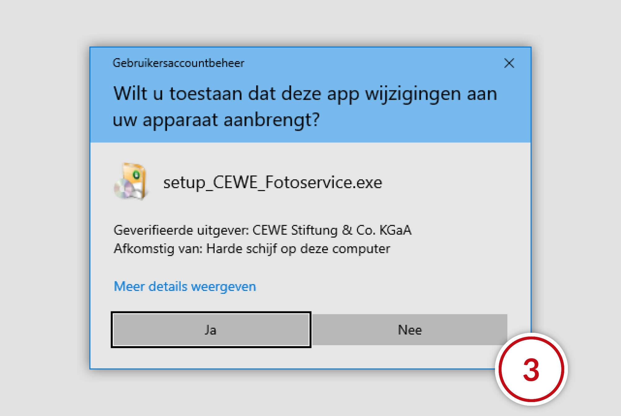 Toegestane venstervraag op een computer vraagt toestemming voor softwarewijzigingen.